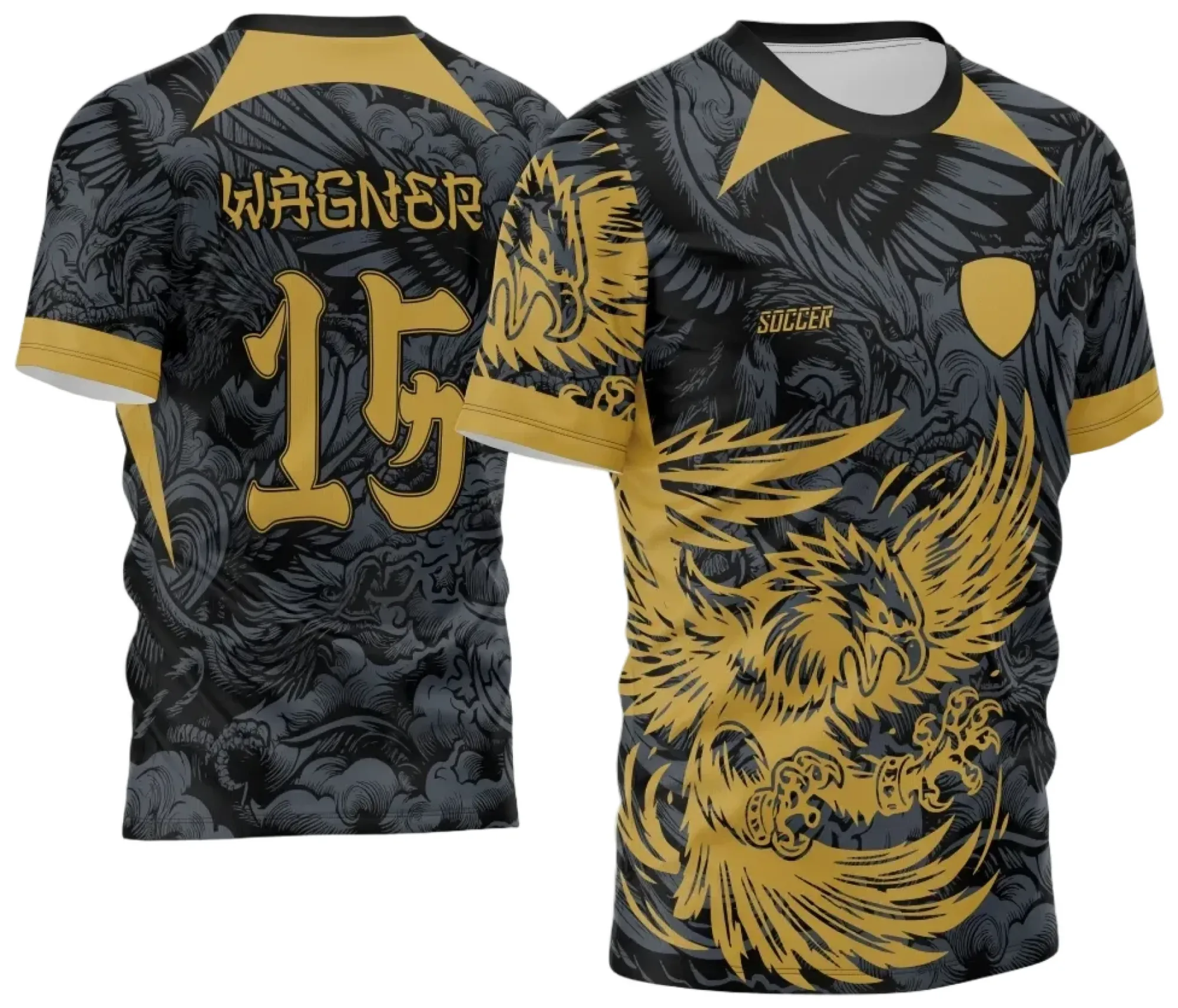 Camiseta unissex preta com logo no peito e estampa grande nas costas destacando o tema Interclasse Águia Dourada 2024 - 2025, design moderno e marcante ideal para eventos escolares e confraternizações.