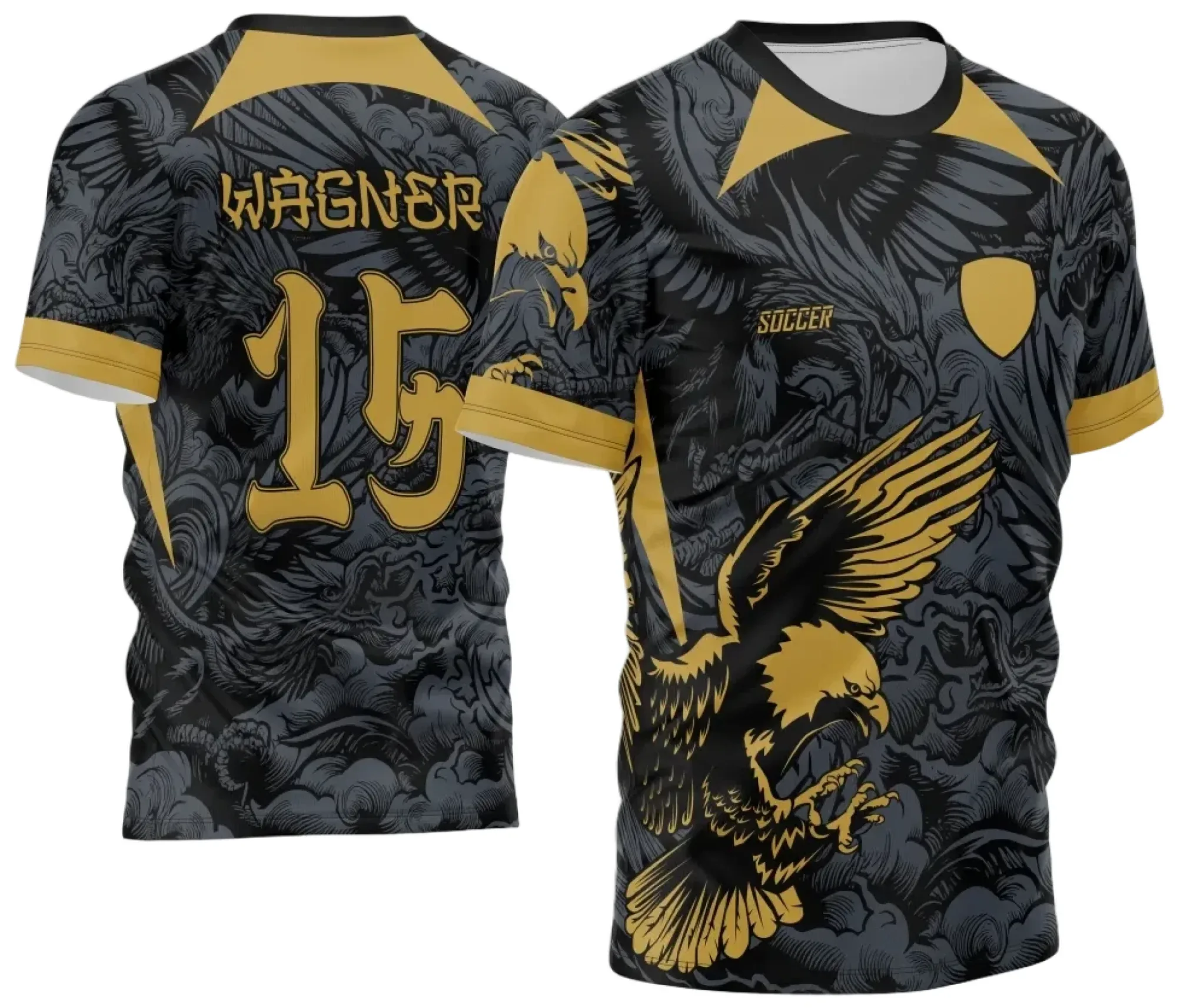 Camiseta unissex preta com logo no peito e estampa grande nas costas da Águia Dourada para Interclasse 2024-2025, ideal para eventos e competições escolares ou universitárias.