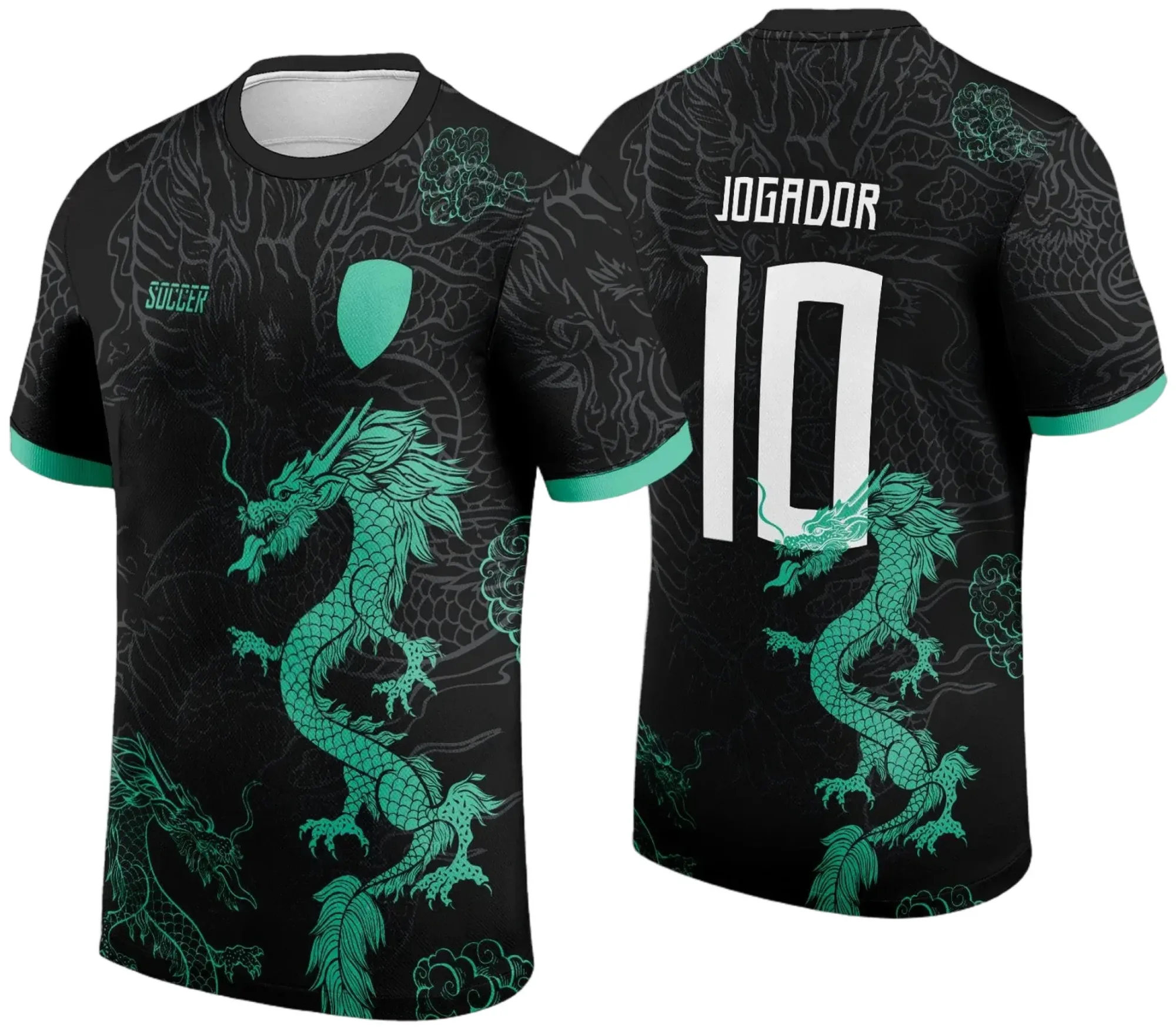 Camiseta unissex preta com logo no peito e estampa grande nas costas com tema Dragão Verde 2024-2025, ideal para eventos escolares e grupos interclasses.