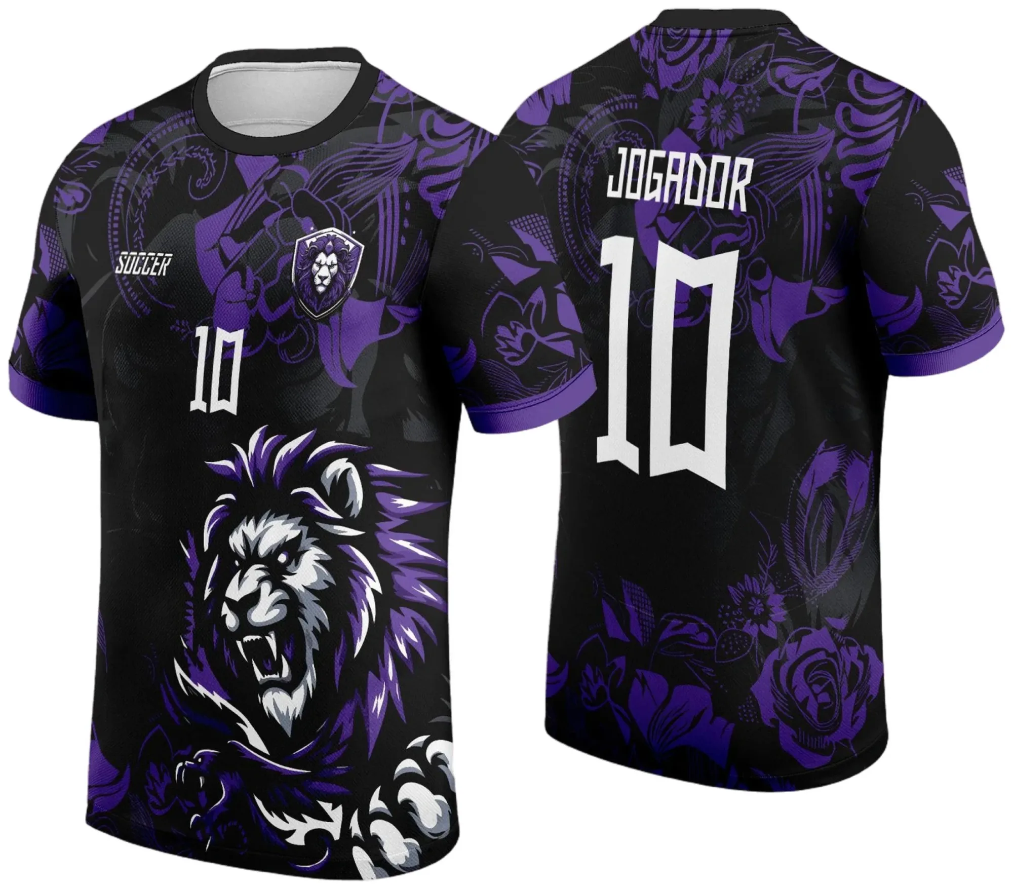 Camiseta unissex preta com logo no peito e estampa grande nas costas mostrando um leão roxo floral, ideal para eventos de interclasse 2024 e 2025.