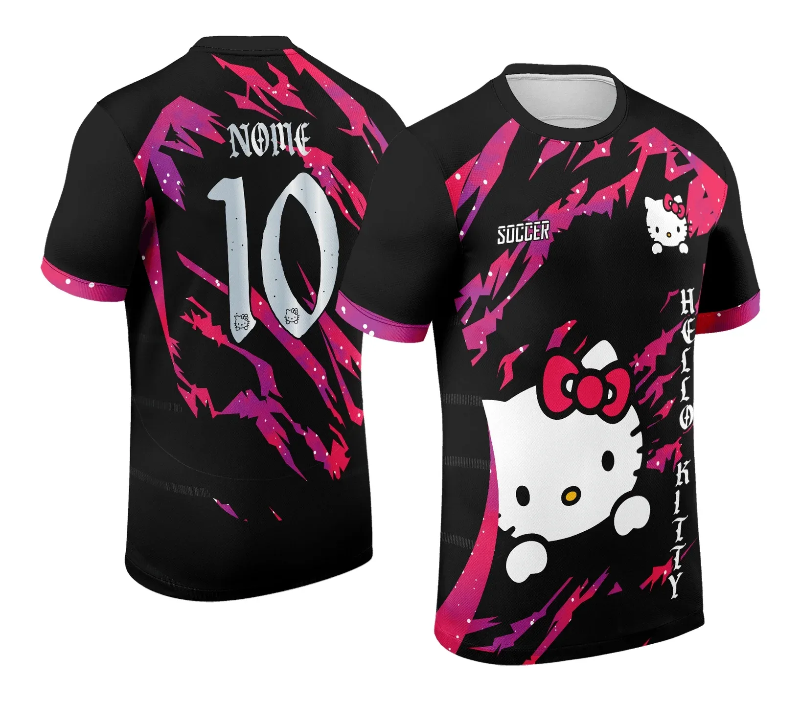 Camiseta unissex branca com logo no peito e estampa grande nas costas da Interclasse Hello Kitty 2024 - 2025, perfeita para eventos com tema Hello Kitty.