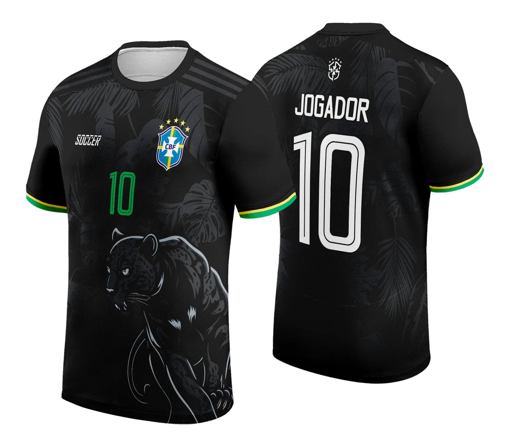 Camiseta unissex preta com logo no peito e estampa grande nas costas da Pantera Negra Brasil 2024 2025, perfeita para eventos e uso casual.