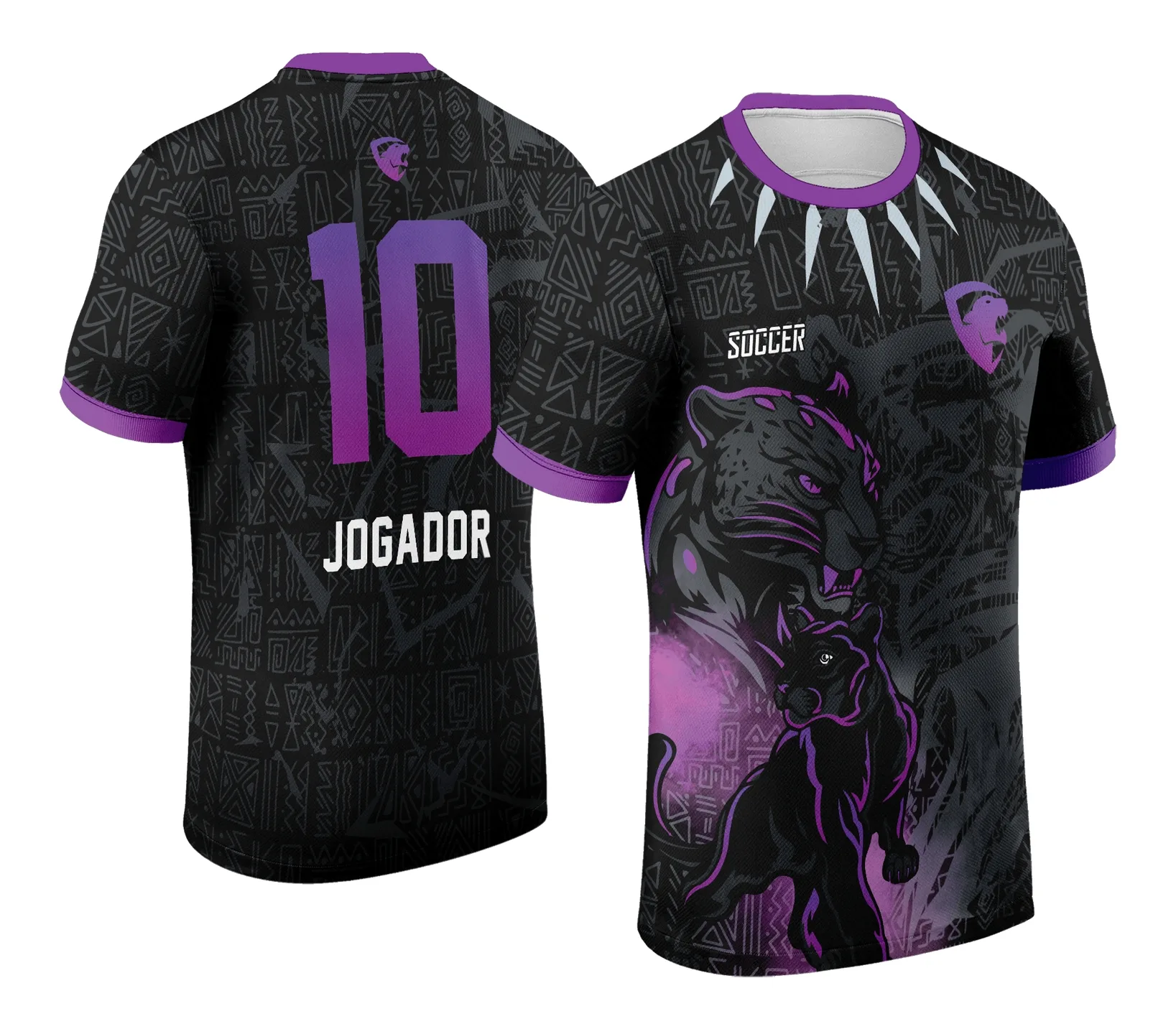 Camiseta unissex preta com logo no peito e estampa grande nas costas de Pantera Negra Tribal, perfeita para o interclasse 2024-2025, destacando estilo e identidade única.