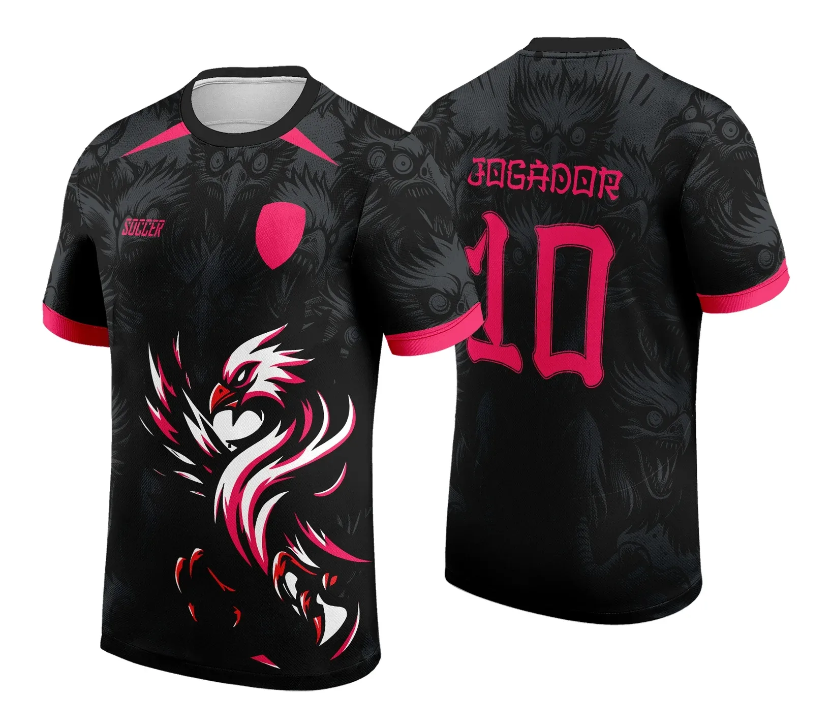 Camiseta unissex preta com logo no peito e estampa grande nas costas, trazendo o tema Camisa de Interclasse Fênix 2024 2025 modelo 3, ideal para uso em eventos e campeonatos escolares.