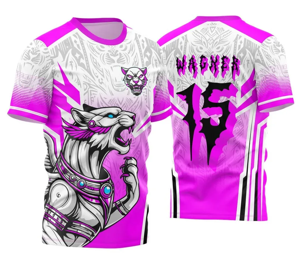 Camiseta unissex preta com logo no peito e estampa grande nas costas da Pantera Divina do Interclasse 2024 2025 modelo 2, estilo moderno para todas as idades.