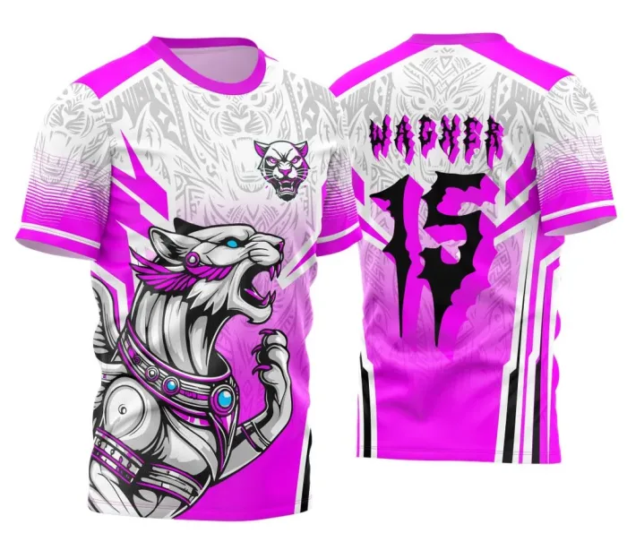 Camiseta unissex preta com logo no peito e estampa grande nas costas da Pantera Divina do Interclasse 2024 2025 modelo 2, estilo moderno para todas as idades.