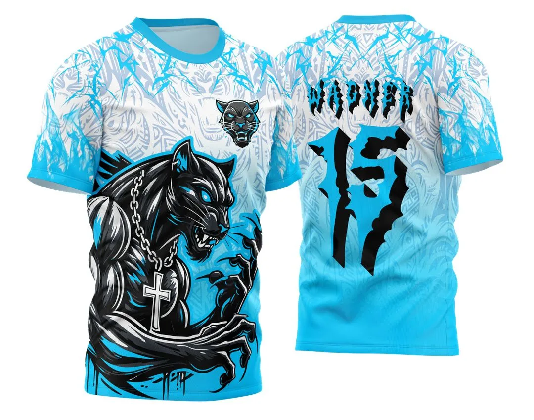 Camiseta unissex preta com logo no peito e estampa grande nas costas da Camisa de Interclasse Pantera 2024 - 2025 modelo 2, ideal para quem busca estilo e identidade única em eventos escolares e esportivos.