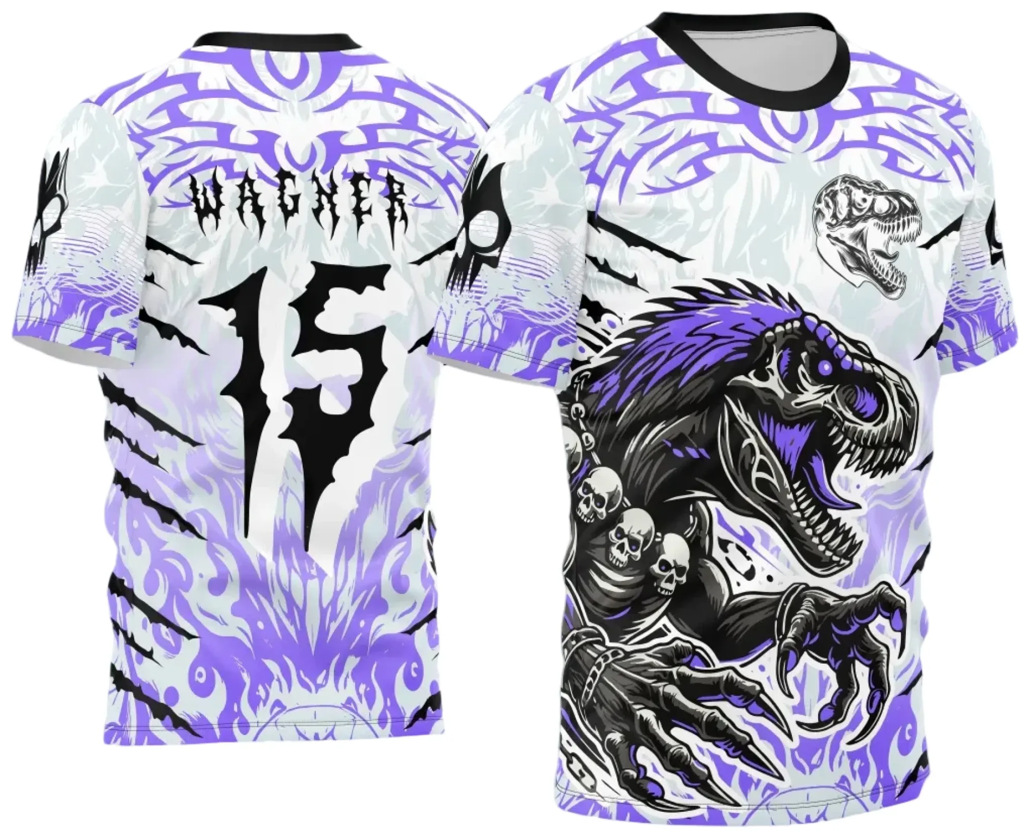 Camiseta unissex preta com logo no peito e estampa grande nas costas do Dino T-Rex Interclasse 2024 2025, perfeita para eventos escolares ou temáticos.