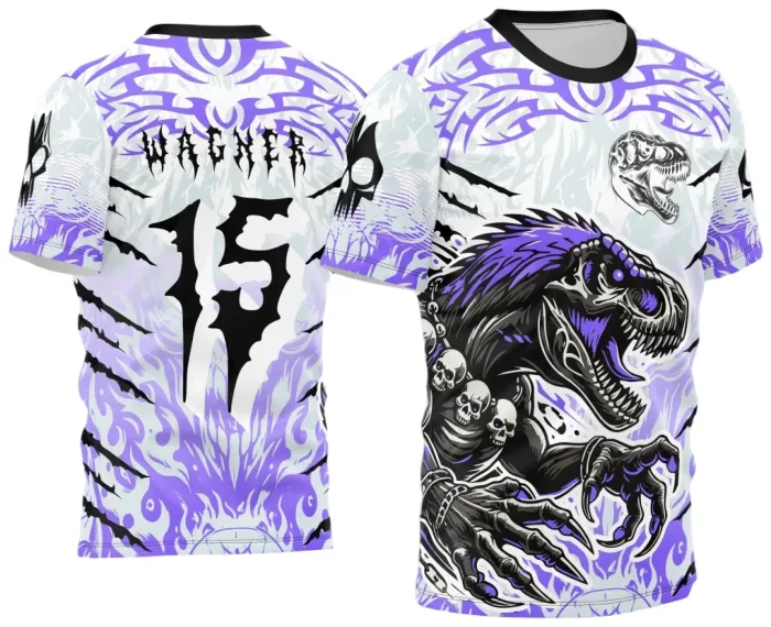 Camiseta unissex preta com logo no peito e estampa grande nas costas do Dino T-Rex Interclasse 2024 2025, perfeita para eventos escolares ou temáticos.