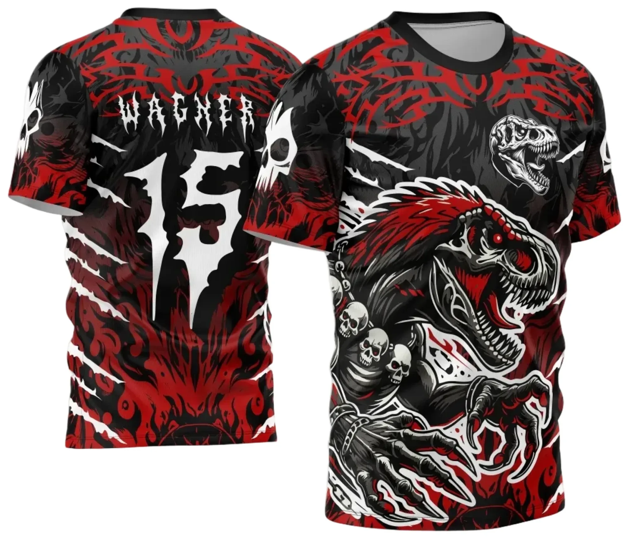 Camiseta unissex preta com logo no peito e estampa grande nas costas mostrando o poderoso T-Rex para camisa de interclasse dos anos 2024 e 2025, perfeita para eventos escolares e esportivos.