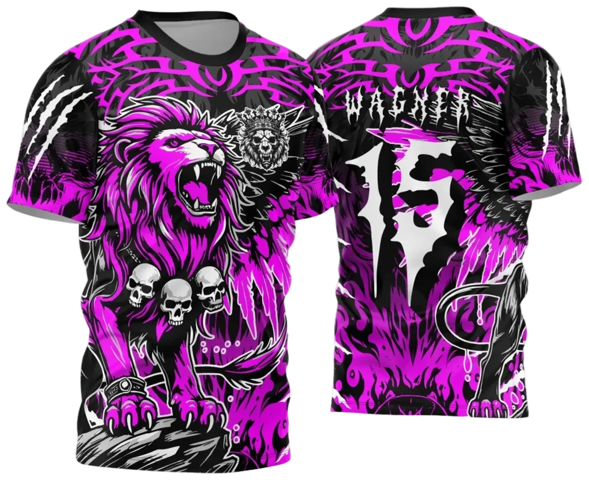 Camiseta unissex preta com logo no peito e estampa grande nas costas do Leão Interclasse 2024 2025, perfeita para eventos escolares e torneios esportivos.