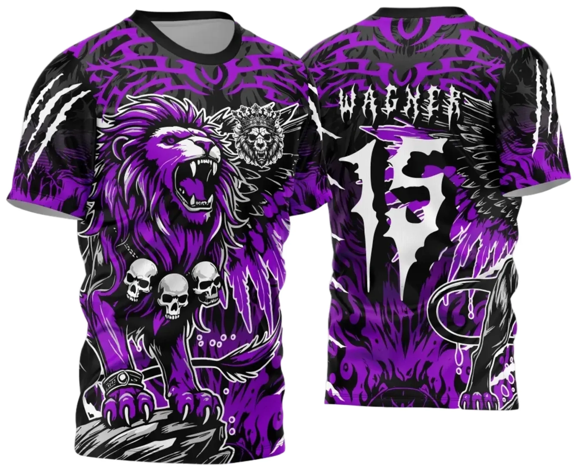 Camiseta unissex preta com logo no peito e estampa grande nas costas do Leão Interclasse 2024 2025 Modelo 6, destacando força e energia para eventos e confraternizações.