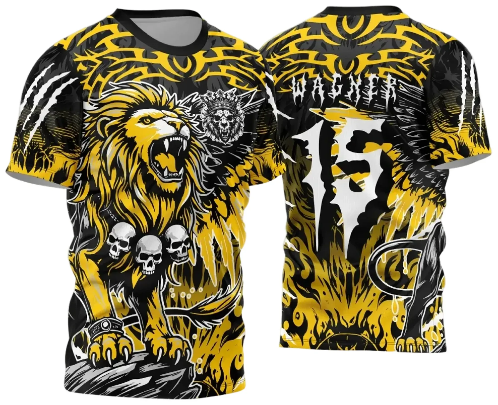 Camiseta unissex preta com logo no peito e estampa grande nas costas do Leão Interclasse 2024 - 2025, visual moderno e marcante para uso em eventos ou dia a dia.