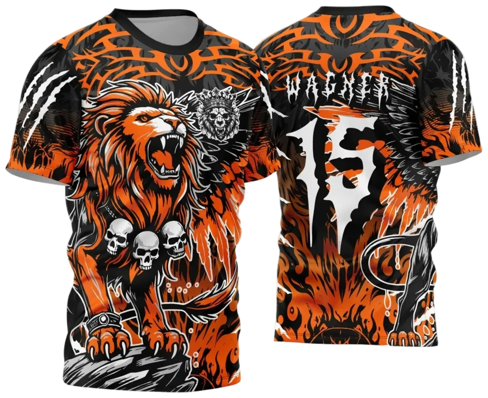 Camiseta unissex preta com logo no peito e estampa grande nas costas do Leão Interclasse 2024 - 2025, ideal para eventos escolares, destacando o design moderno e marcante