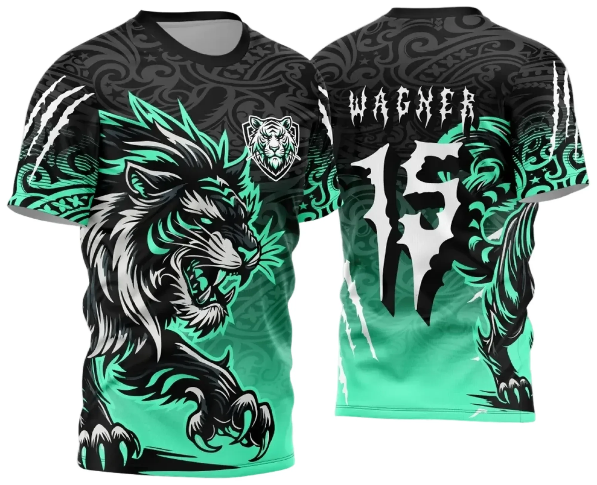 Camiseta unissex preta com logo no peito e estampa grande nas costas representando Interclasse Tigre 2024 - 2025 modelo 2, ideal para torcedores e eventos escolares.