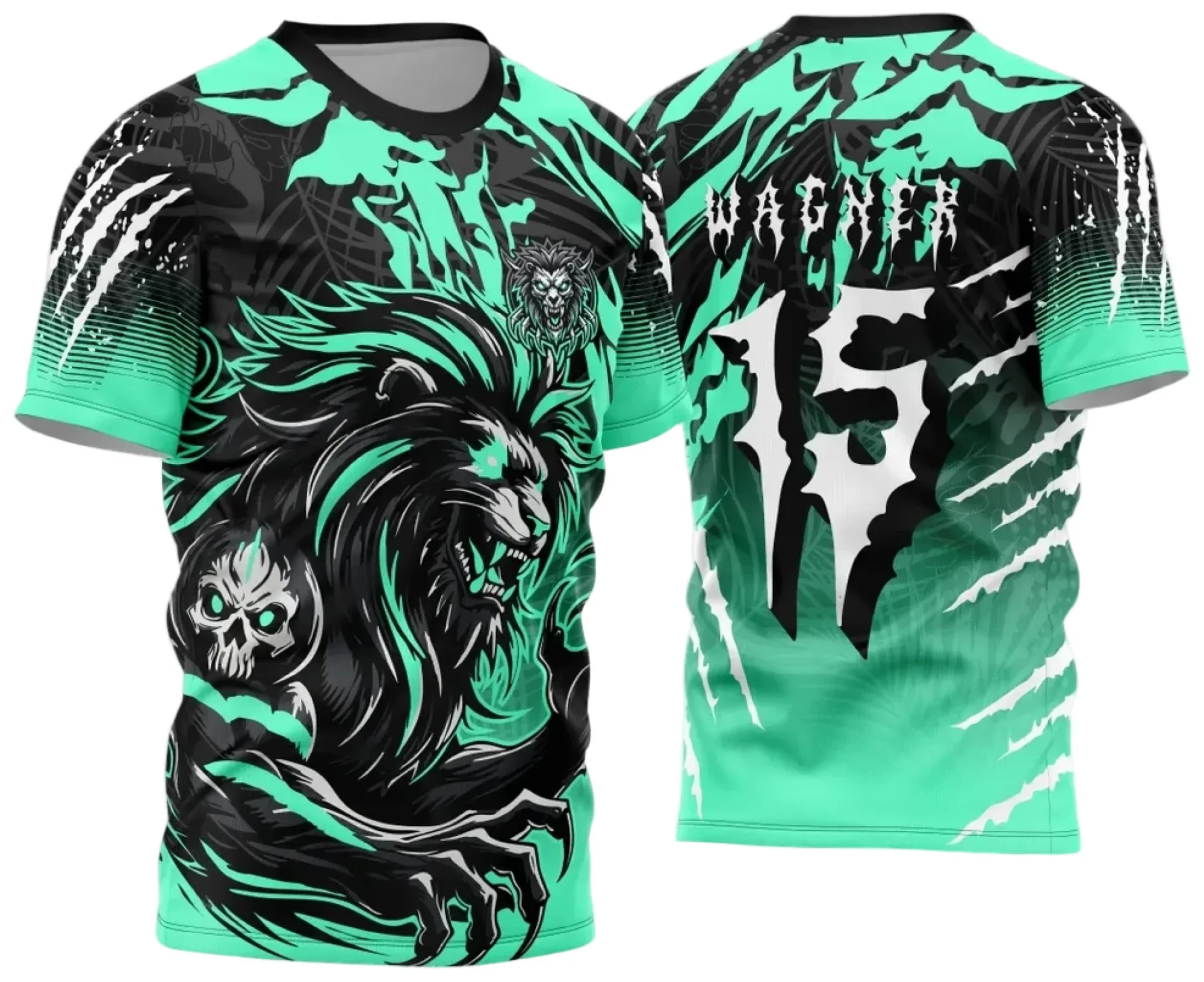 Camiseta unissex preta com logo no peito e estampa grande nas costas inspirada no Interclasse Leão Verde 2024-2025, ideal para eventos e confraternizações escolares.