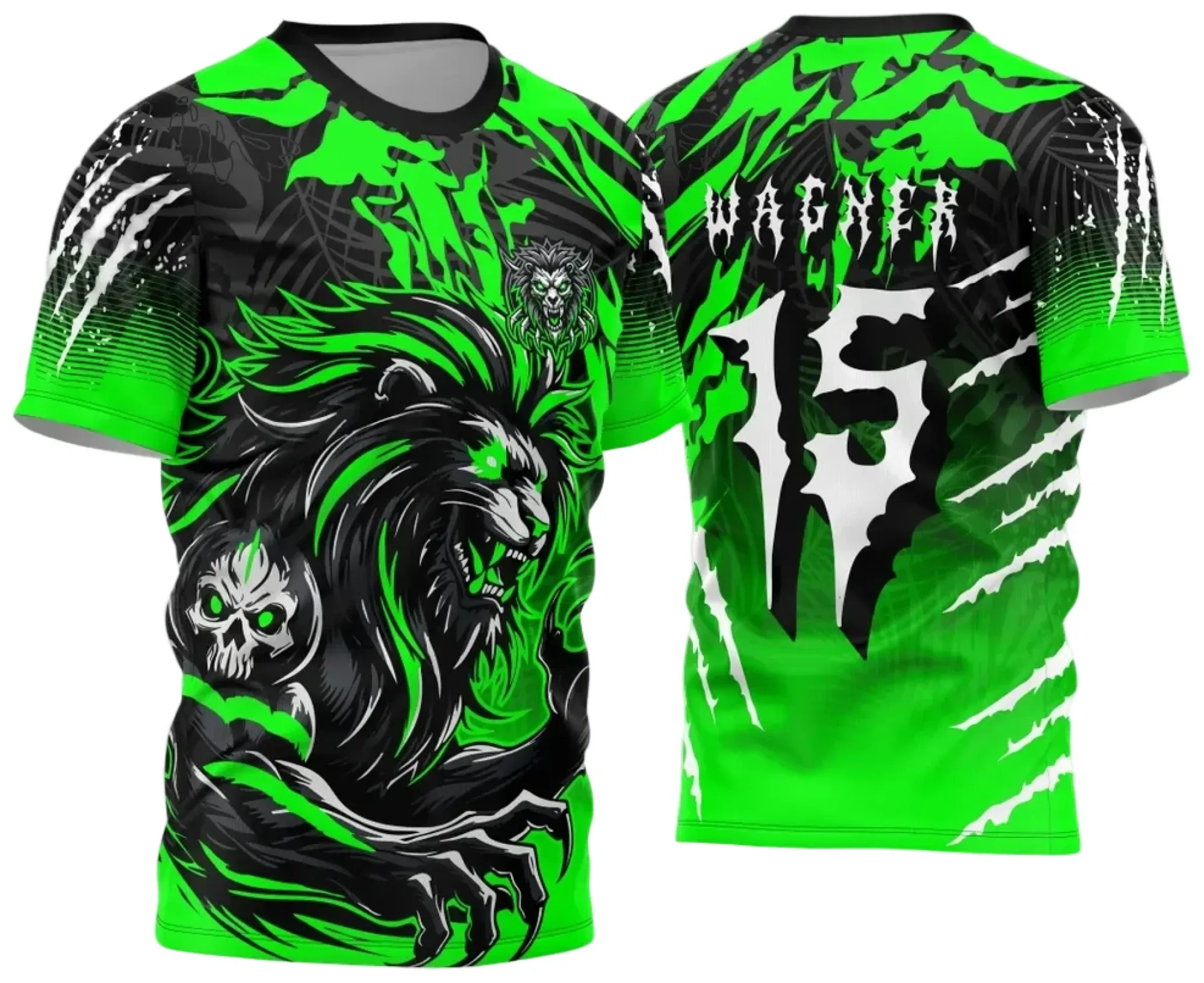 Camiseta unissex preta com logo no peito e estampa grande nas costas do leão verde representando o Interclasse 2024-2025, estilo moderno e marcante para uso casual ou eventos escolares.