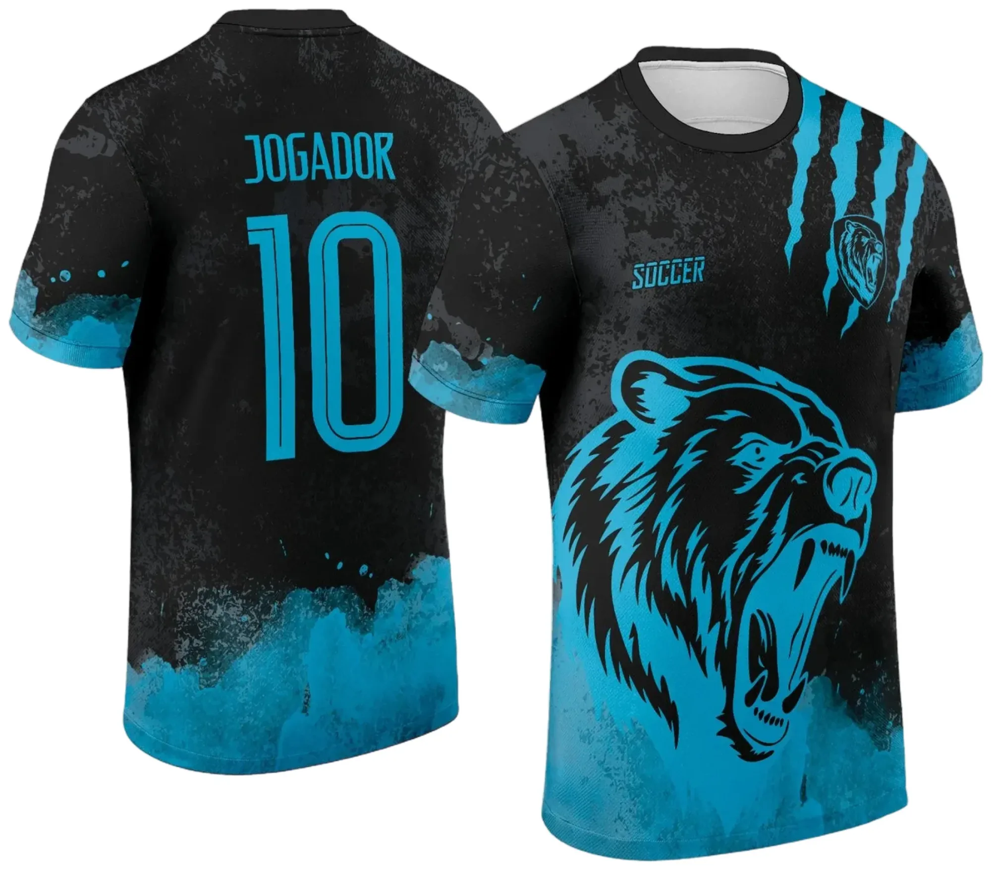 Camiseta unissex preta com logo no peito e estampa grande nas costas com tema de Urso Azul para Interclasse 2024 - 2025, ideal para eventos escolares e times.