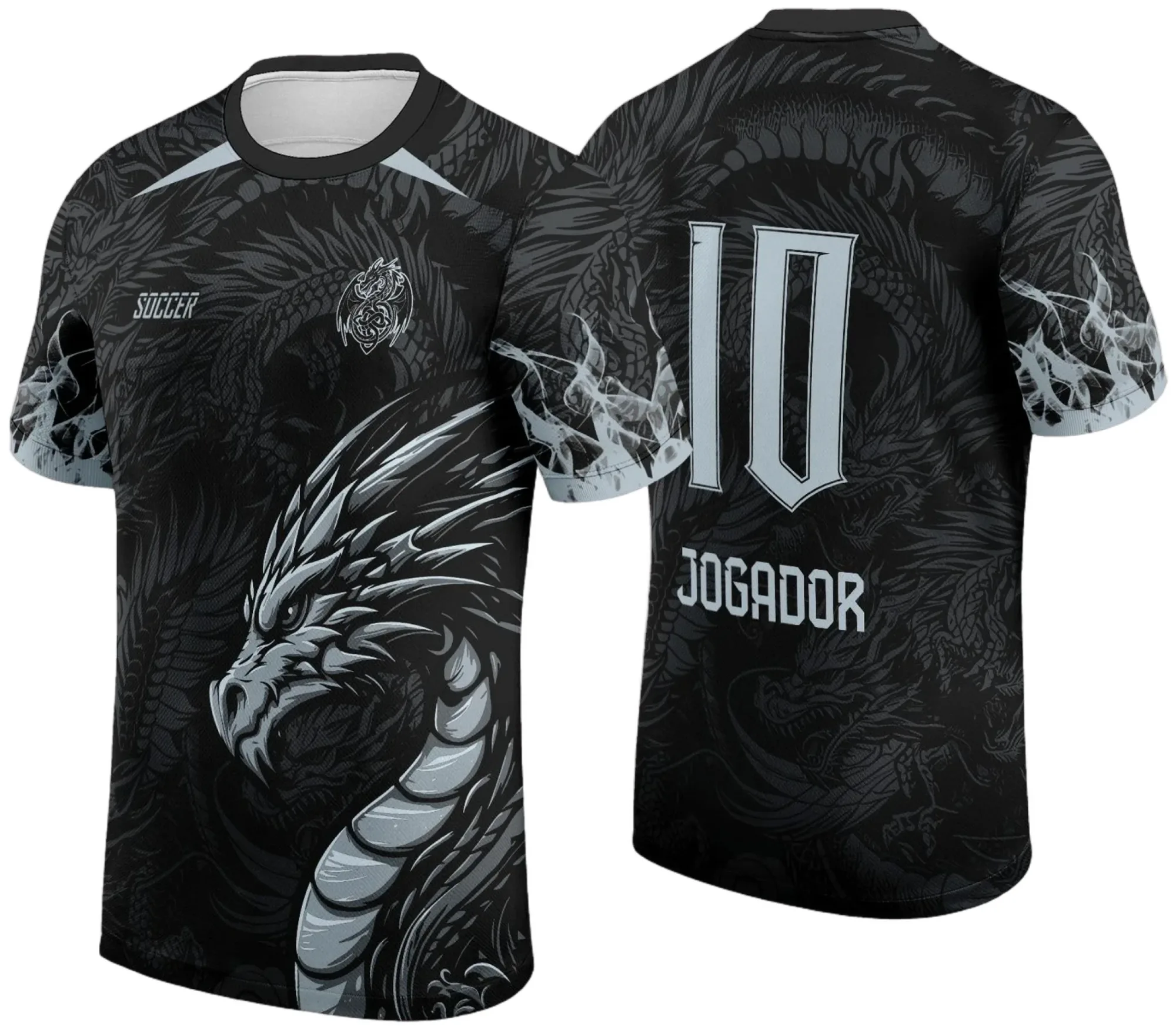 Camiseta unissex com base preta, logo no peito e estampa grande nas costas com tema Dragão do Interclasse 2024 - 2025, design marcante e moderno.