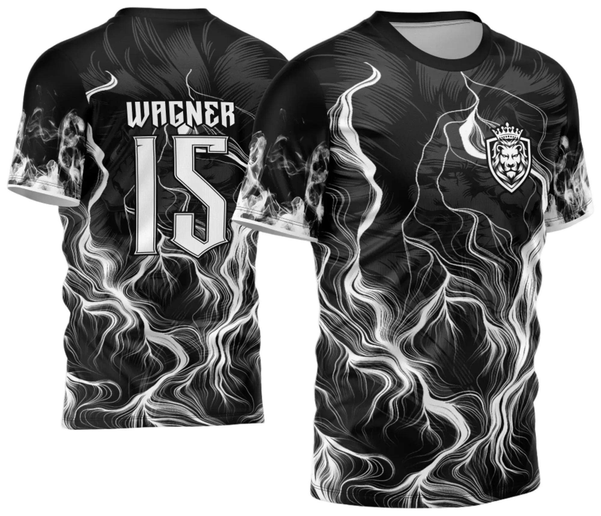 Camiseta unissex preta com logo no peito e estampa grande nas costas do tema InterClasse Leão Fogo Banco 2024, visual impactante e moderno, ideal para uso casual e eventos especiais.